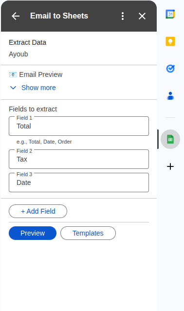 Fields to Extract Selection